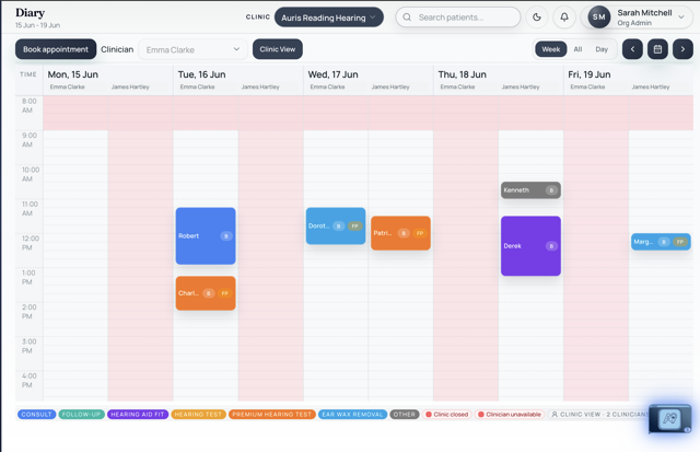 Seviko clinic diary showing real appointments including ear wax removal, hearing tests, and hearing aid fittings