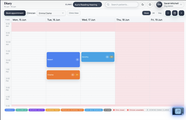 Seviko clinician diary filtered to a single clinician