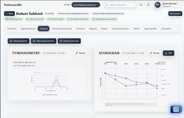 Seviko patient record showing audiogram and clinical notes