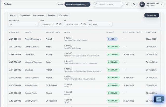Seviko hearing aid orders list with manufacturer and status tracking